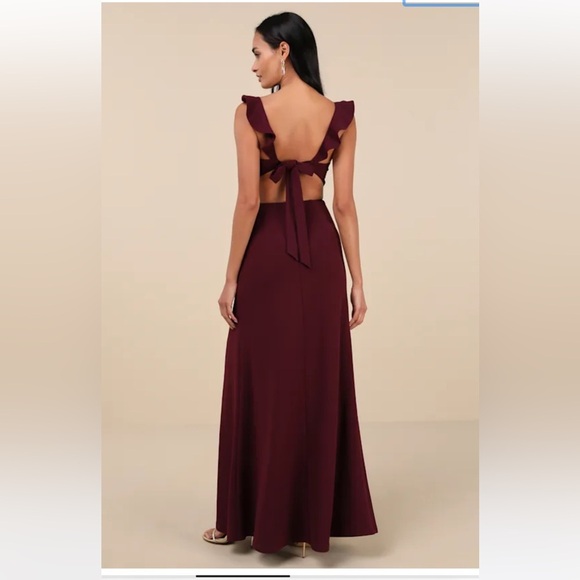 LuLu’s Captivating Charisma Plum Ruffled Cutout Tie-Back Maxi Dress Plum - Picture 4 of 11